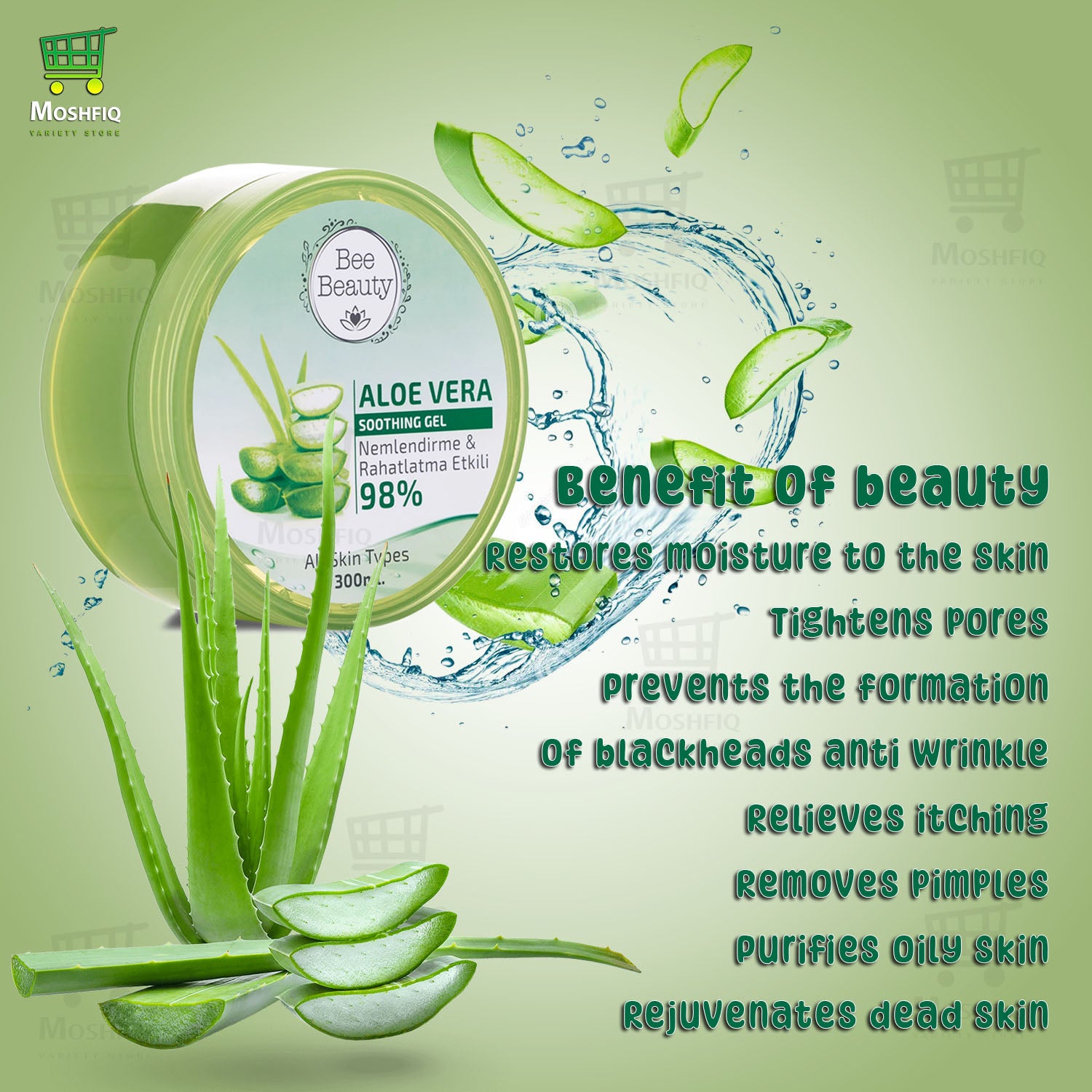 Bee Beauty Aloe Vera Soothing Gel Moisturizing and Soothing Effective 98% Turkish Product 300ml